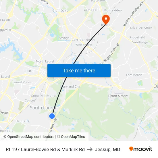 Rt 197 Laurel-Bowie Rd & Murkirk Rd to Jessup, MD map