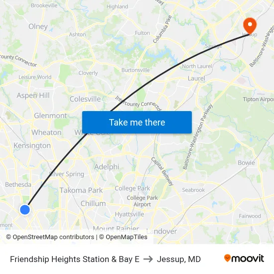 Friendship Heights Station & Bay E to Jessup, MD map
