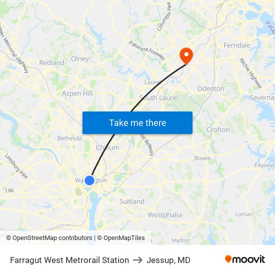 Farragut West  Metrorail Station to Jessup, MD map