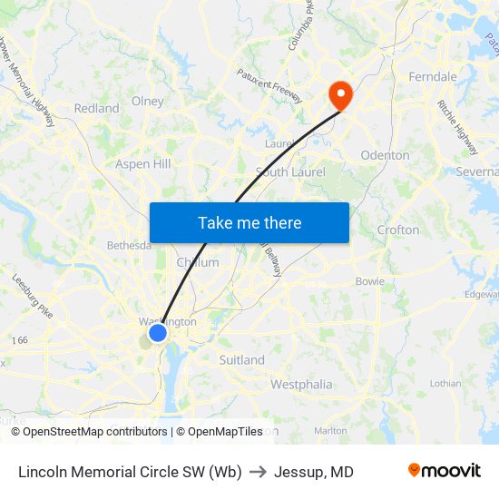 Lincoln Memorial Circle SW (Wb) to Jessup, MD map