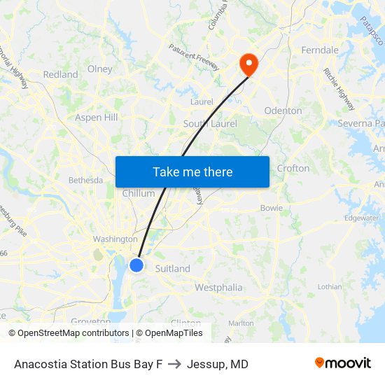 Anacostia Station Bus Bay F to Jessup, MD map