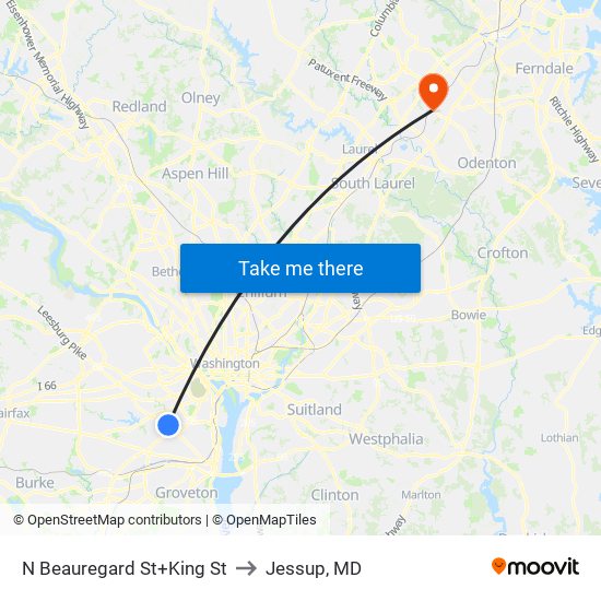 N Beauregard St+King St to Jessup, MD map