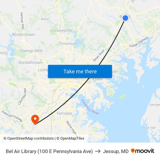 Bel Air Library (100 E Pennsylvania Ave) to Jessup, MD map