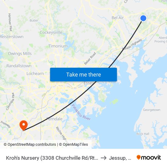 Kroh's Nursery  (3308 Churchville Rd/Rt 22) to Jessup, MD map