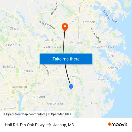 Hall Rd+Pin Oak Pkwy to Jessup, MD map