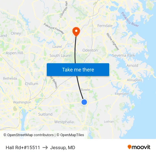 Hall Rd+#15511 to Jessup, MD map