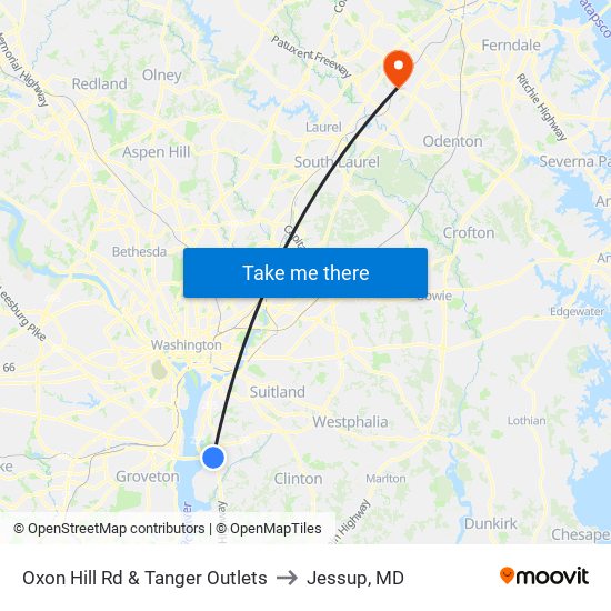 Oxon Hill Rd & Tanger Outlets to Jessup, MD map