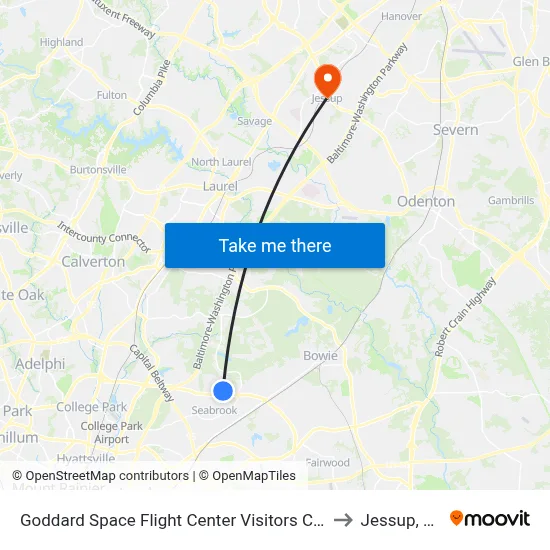 Goddard Space Flight Center Visitors Center to Jessup, MD map