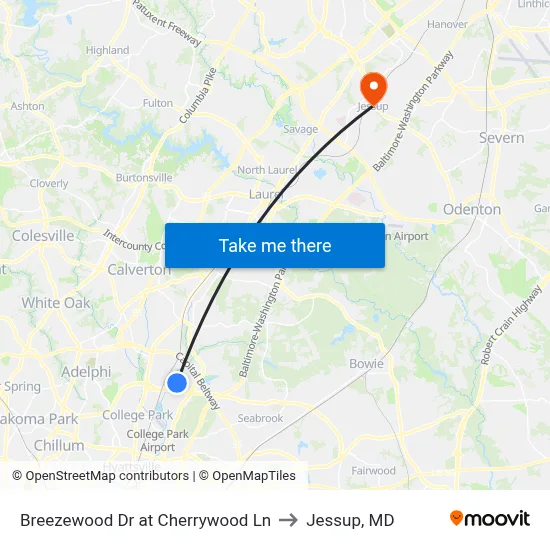 Breezewood Dr at Cherrywood Ln to Jessup, MD map