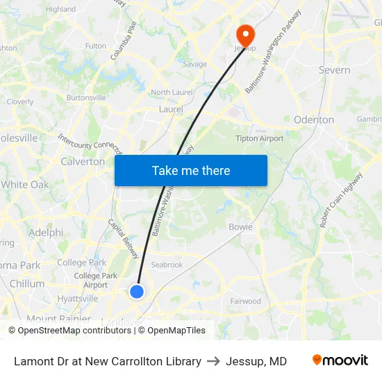 Lamont Dr at New Carrollton Library to Jessup, MD map
