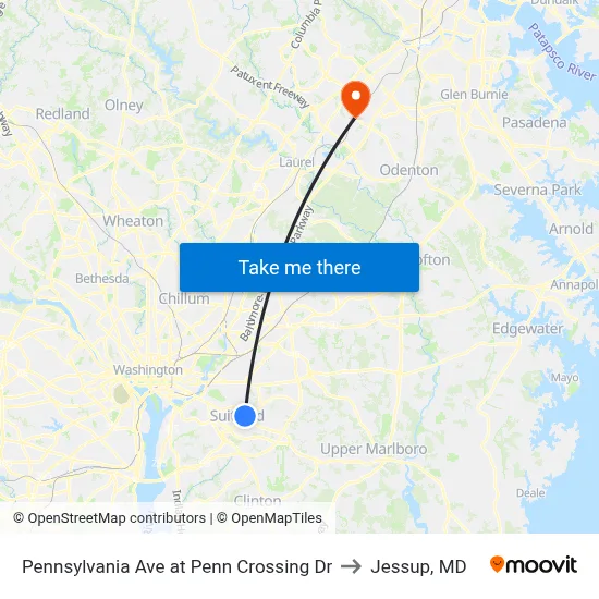 Pennsylvania Ave at Penn Crossing Dr to Jessup, MD map