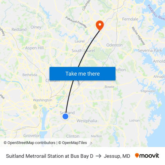 Suitland Metrorail Station at Bus Bay D to Jessup, MD map