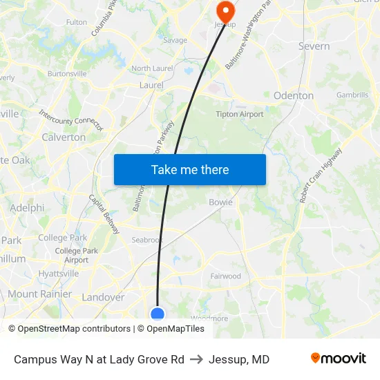 Campus Way N at Lady Grove Rd to Jessup, MD map