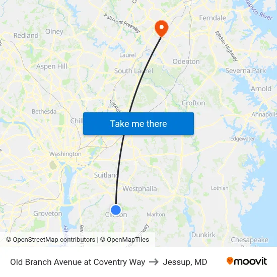 Old Branch Avenue at Coventry Way to Jessup, MD map