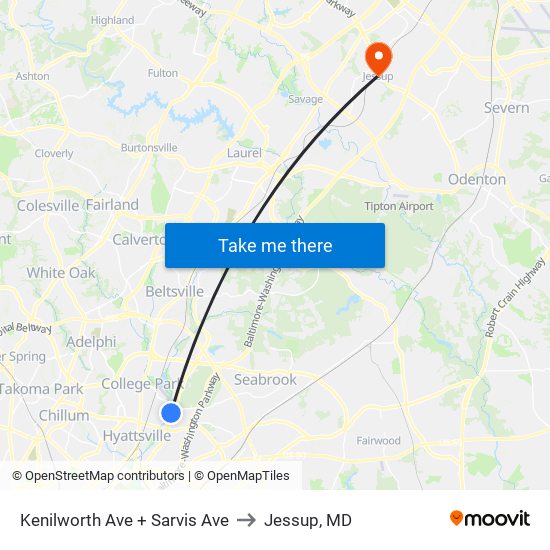 Kenilworth Ave + Sarvis Ave to Jessup, MD map