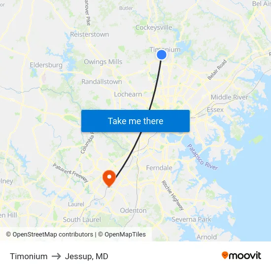 Timonium to Jessup, MD map