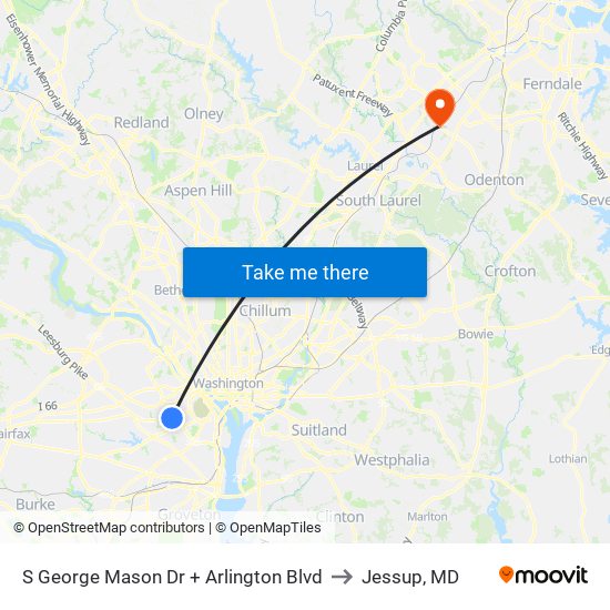 S George Mason Dr + Arlington Blvd to Jessup, MD map