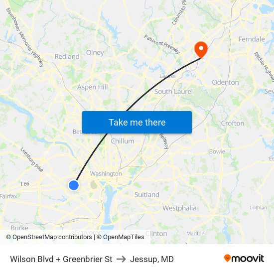 Wilson Blvd + Greenbrier St to Jessup, MD map