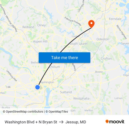 Washington Blvd + N Bryan St to Jessup, MD map