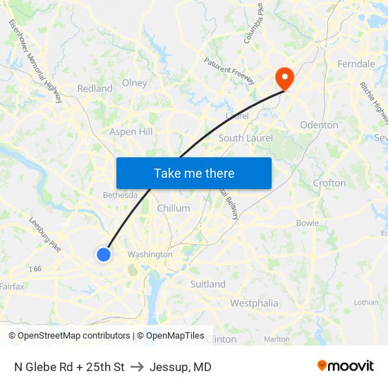 N Glebe Rd + 25th St to Jessup, MD map