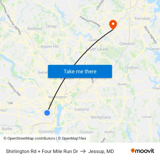 Shirlington Rd + Four Mile Run Dr to Jessup, MD map