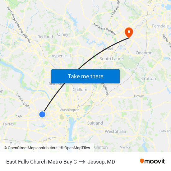 East Falls Church Metro Bay C to Jessup, MD map