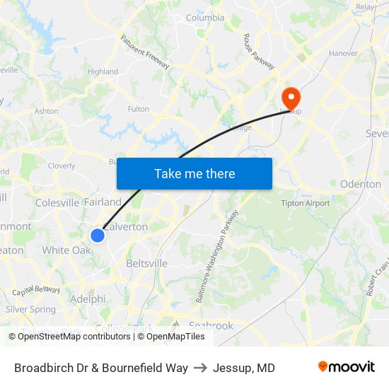 Broadbirch Dr & Bournefield Way to Jessup, MD map