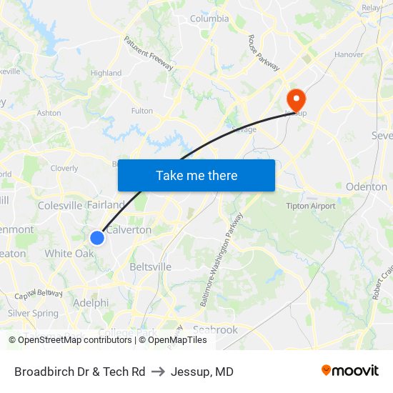 Broadbirch Dr & Tech Rd to Jessup, MD map