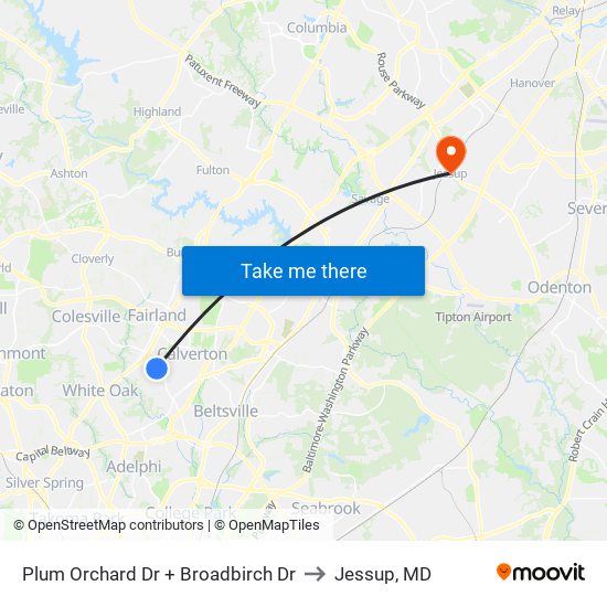 Plum Orchard Dr + Broadbirch Dr to Jessup, MD map