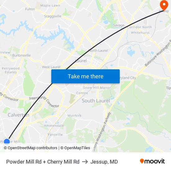 Powder Mill Rd + Cherry Mill Rd to Jessup, MD map