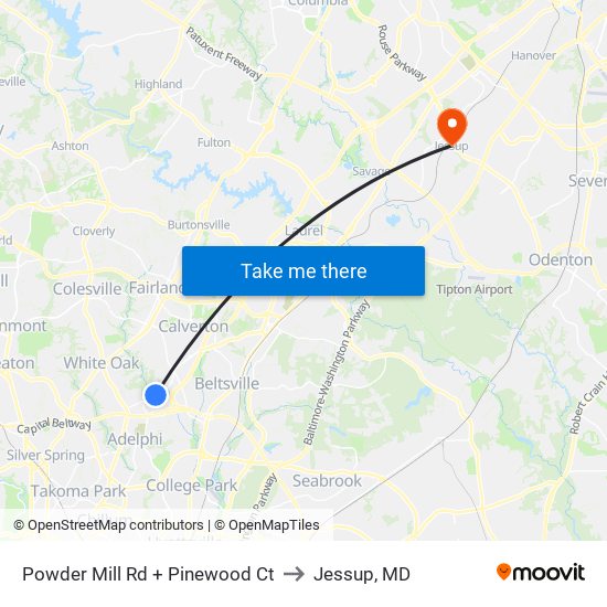 Powder Mill Rd + Pinewood Ct to Jessup, MD map