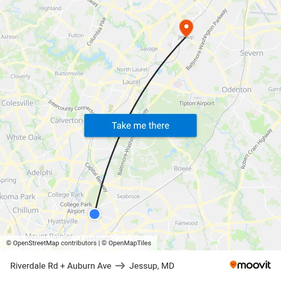 Riverdale Rd + Auburn Ave to Jessup, MD map