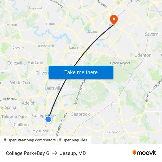 College Park+Bay G to Jessup, MD map