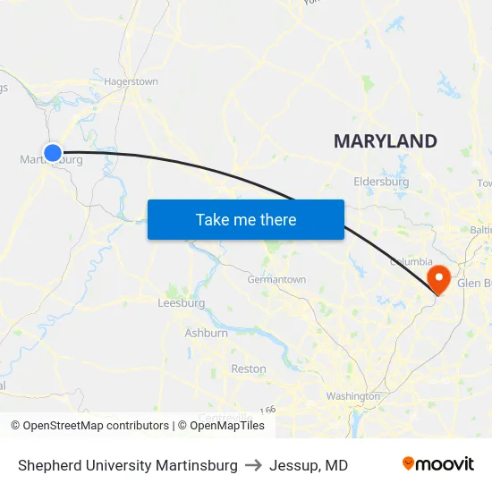 Shepherd University Martinsburg to Jessup, MD map