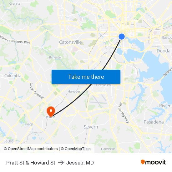 Pratt St & Howard St to Jessup, MD map