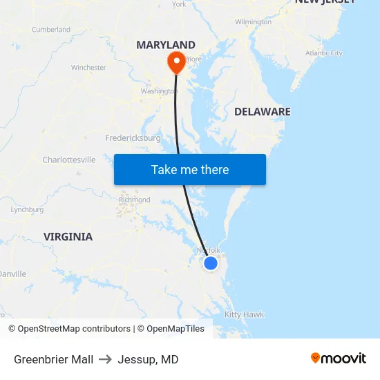 Greenbrier Mall to Jessup, MD map