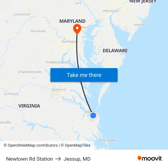 Newtown Rd Station to Jessup, MD map