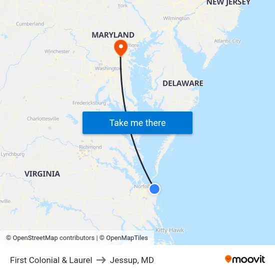 First Colonial & Laurel to Jessup, MD map