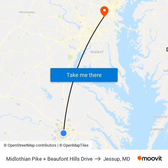 Midlothian Pike + Beaufont Hills Drive to Jessup, MD map