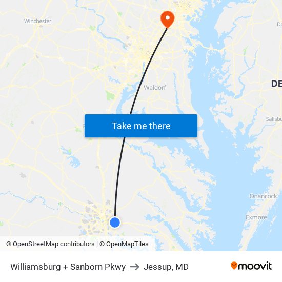 Williamsburg + Sanborn Pkwy to Jessup, MD map