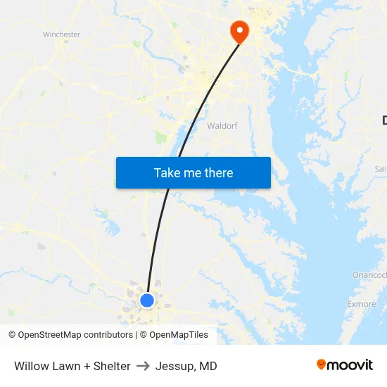 Willow Lawn + Shelter to Jessup, MD map