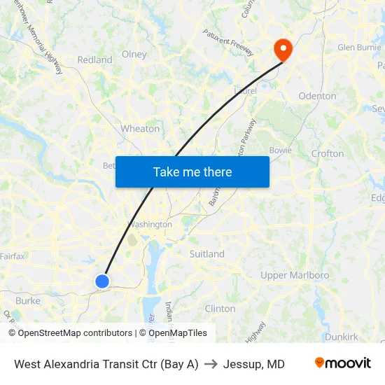 West Alexandria Transit Ctr (Bay A) to Jessup, MD map
