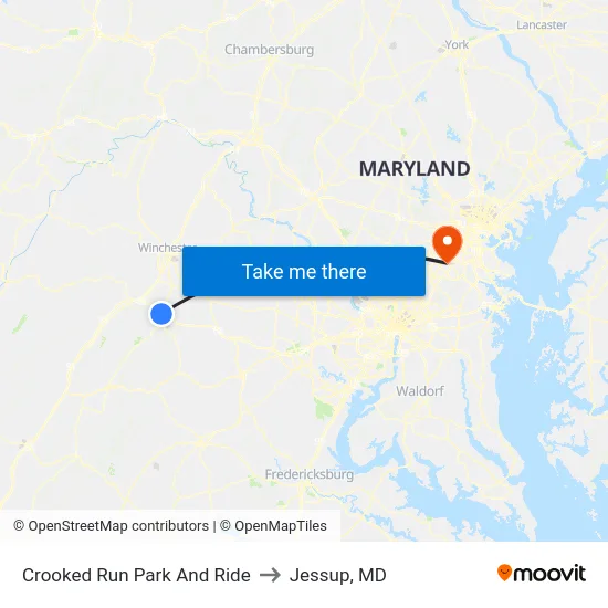 Crooked Run Park And Ride to Jessup, MD map