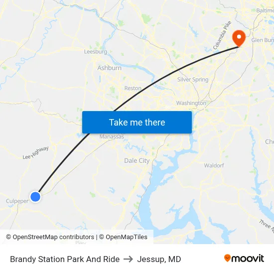 Brandy Station Park And Ride to Jessup, MD map