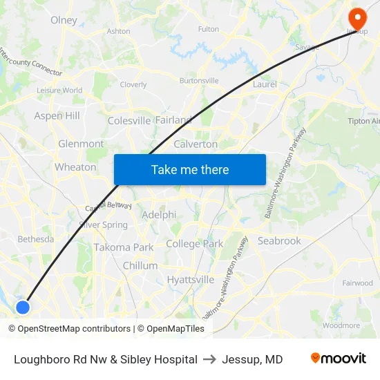 Loughboro Rd Nw & Sibley Hospital to Jessup, MD map