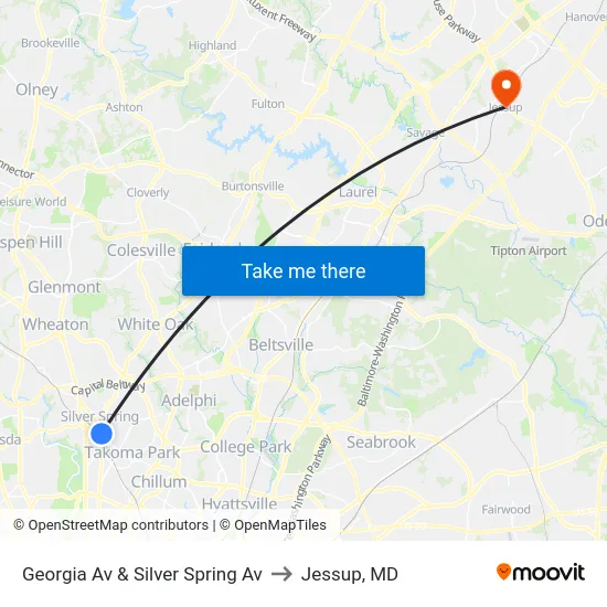 Georgia Av & Silver Spring Av to Jessup, MD map