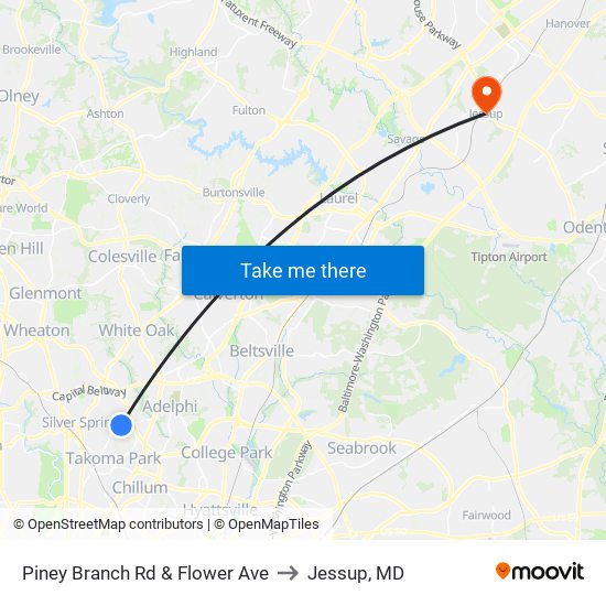 Piney Branch Rd & Flower Ave to Jessup, MD map