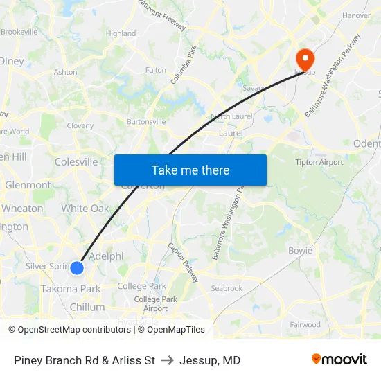 Piney Branch Rd & Arliss St to Jessup, MD map