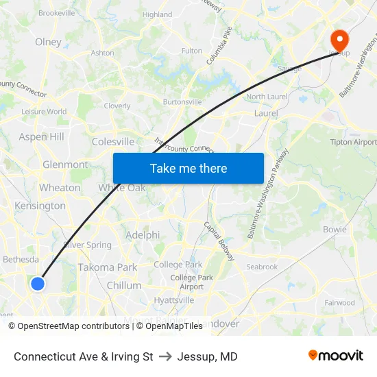 Connecticut Ave & Irving St to Jessup, MD map