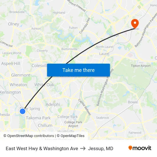 East West Hwy & Washington Ave to Jessup, MD map